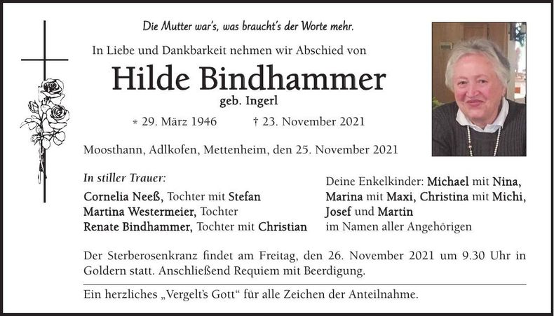 Traueranzeige Hilde Bindhammer