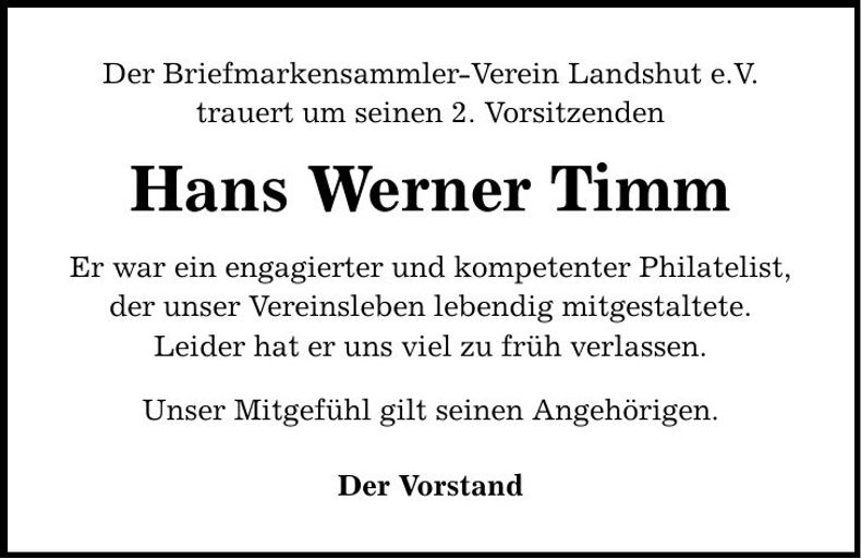 Traueranzeige Hans Werner Timm
