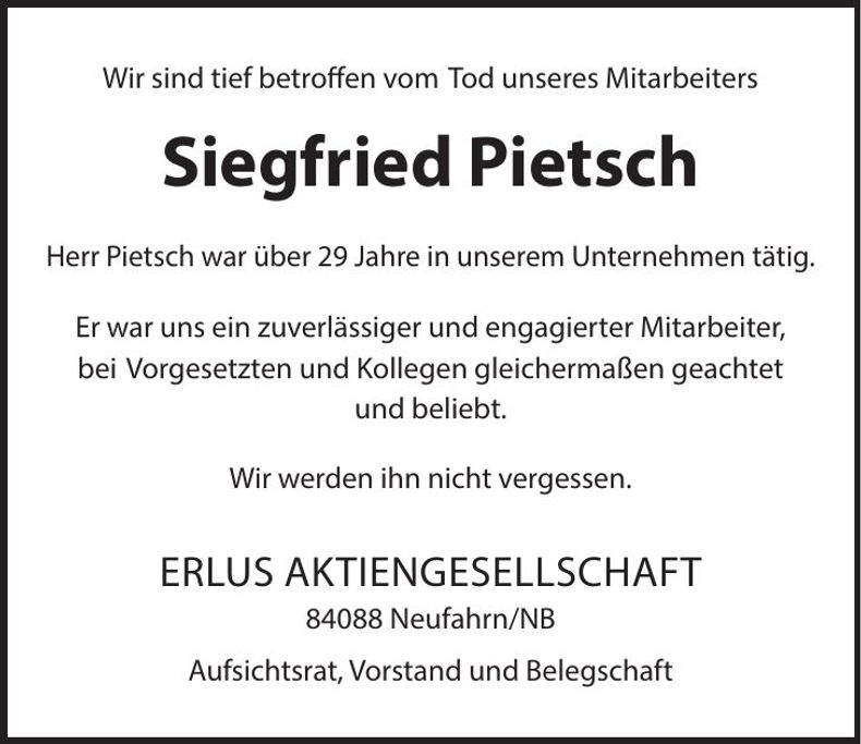 Traueranzeige Siegfried Pietsch