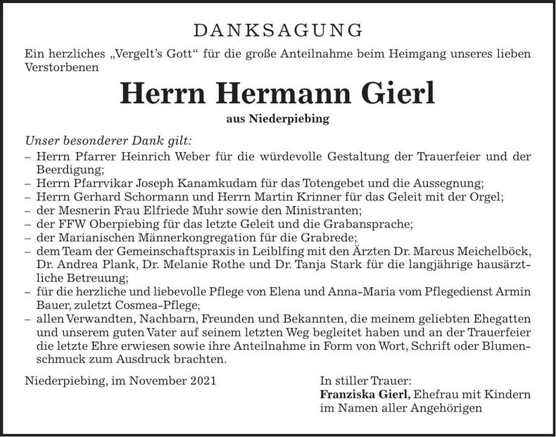 Traueranzeige Hermann Gierl