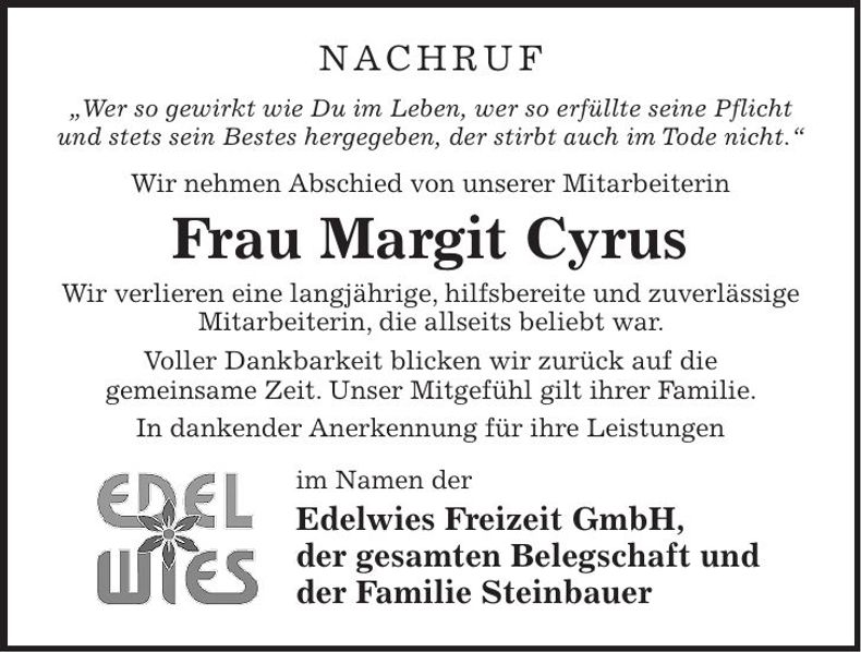 Traueranzeige Margit Cyrus