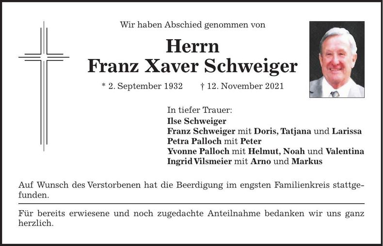 Traueranzeige Franz Xaver Schweiger