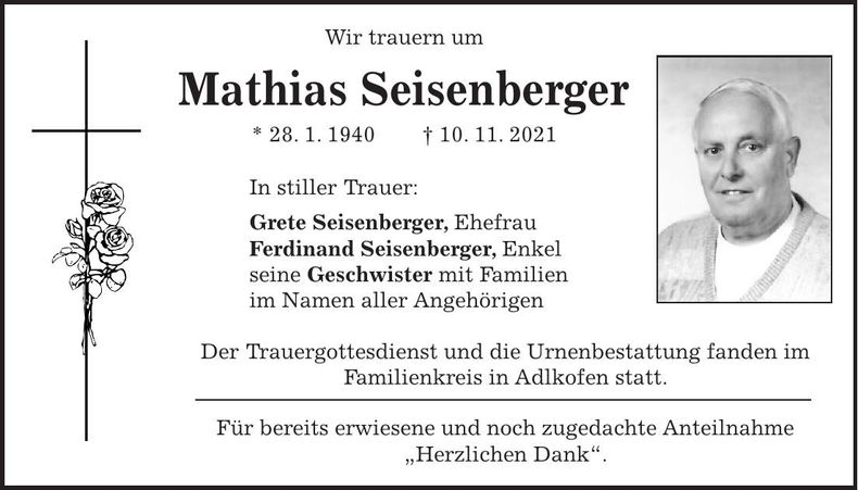 Traueranzeige Mathias Seisenberger