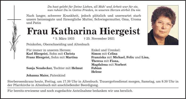 Traueranzeige Katharina Hiergeist
