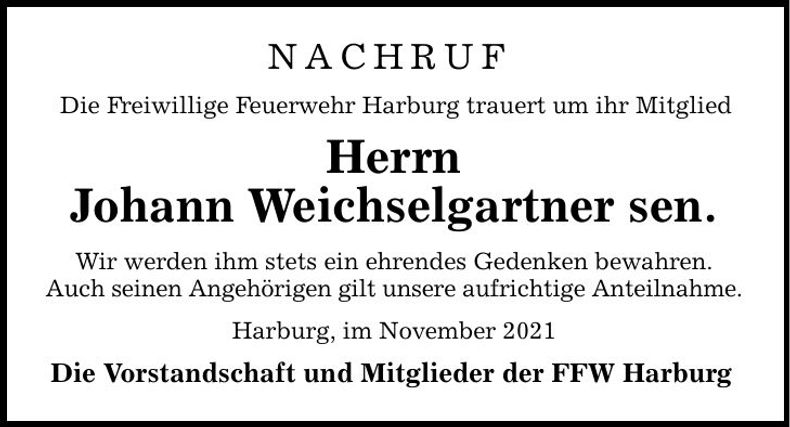 Traueranzeige Johann Weichselgartner