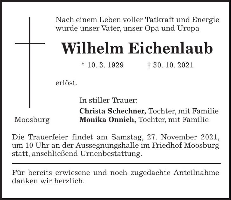 Traueranzeige Wilhelm Eichenlaub