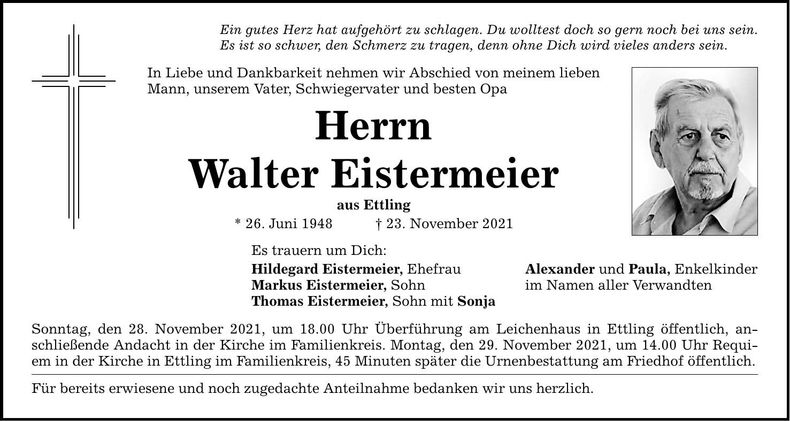 Traueranzeige Walter Eistermeier