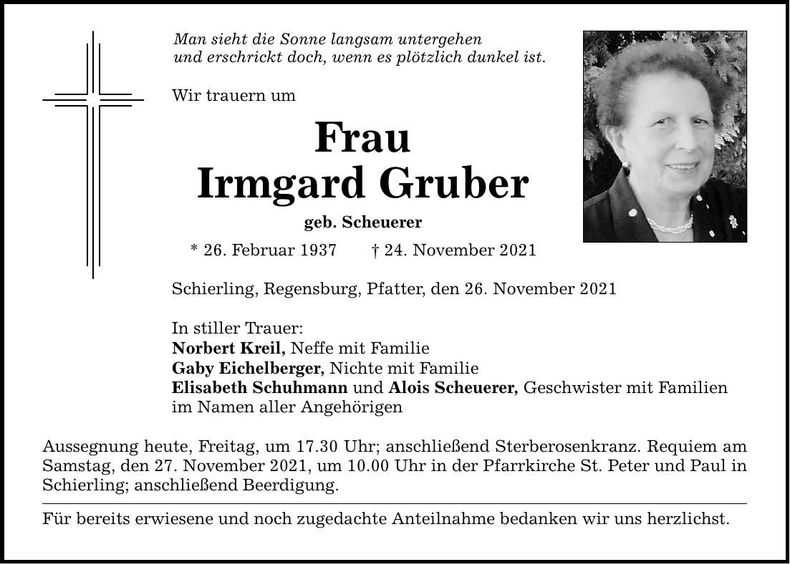 Traueranzeige Irmgard Gruber