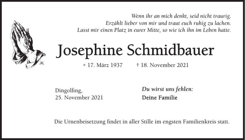 Traueranzeige Josephine Schmidbauer