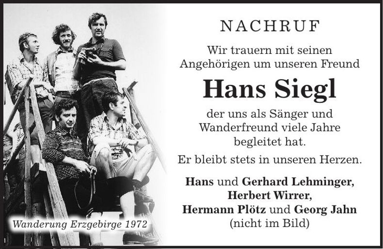 Traueranzeige Hans Siegl