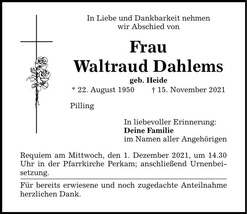 Traueranzeige Waldtraud Dahlems