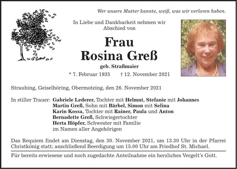 Traueranzeige Rosina Greß