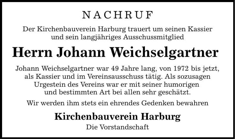 Traueranzeige Johann Weichselgartner