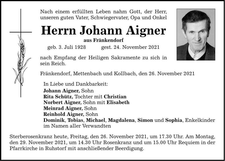 Traueranzeige Johann Aigner