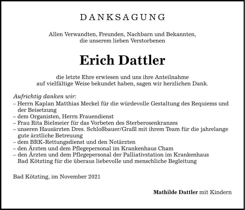 Traueranzeige Erich Dattler