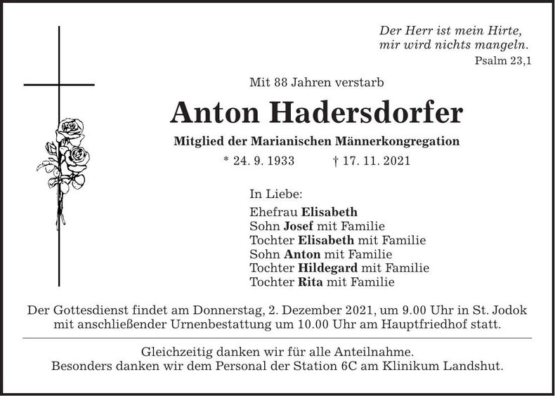 Traueranzeige Anton Hadersdorfer