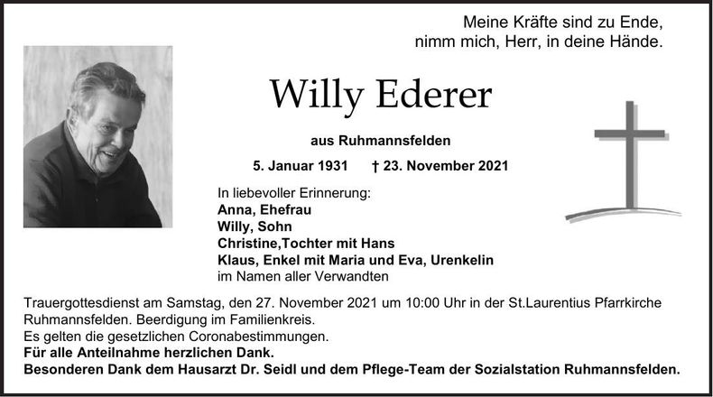 Traueranzeige Willy Ederer