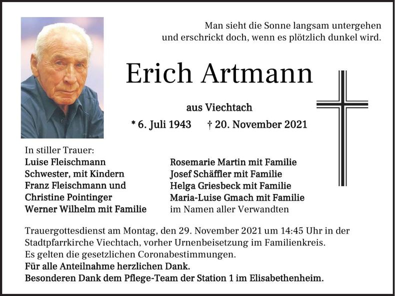 Traueranzeige Erich Artmann