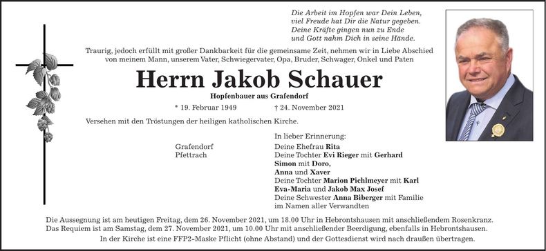 Traueranzeige Jakob Schauer