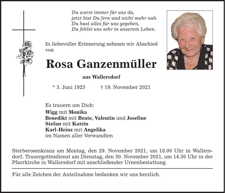 Traueranzeige Rosa Ganzenmüller