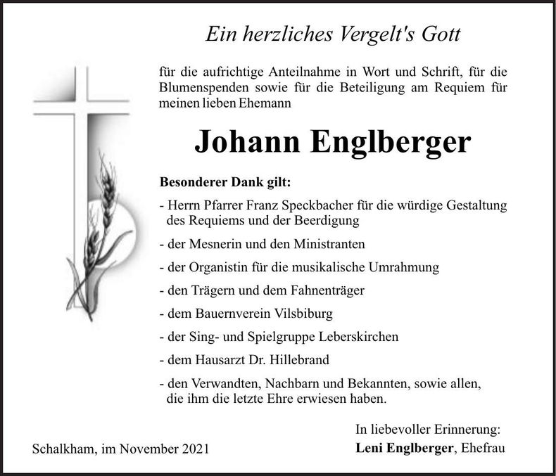 Traueranzeige Johann Englberger