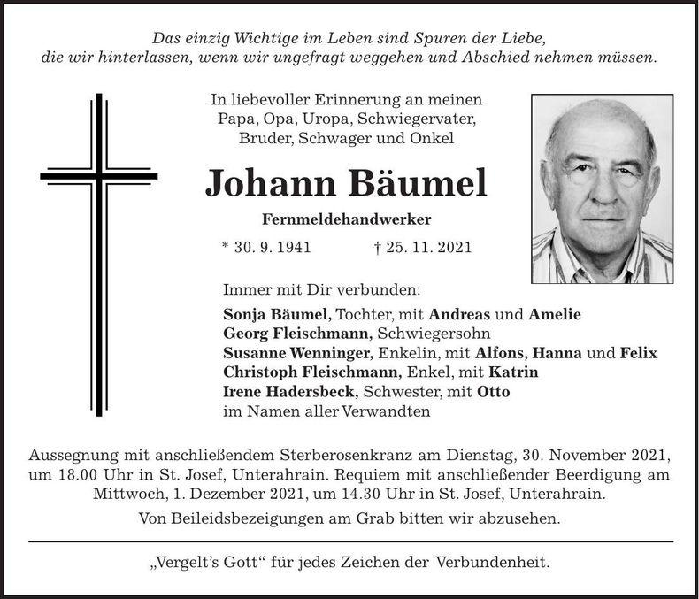 Traueranzeige Johann Bäumel