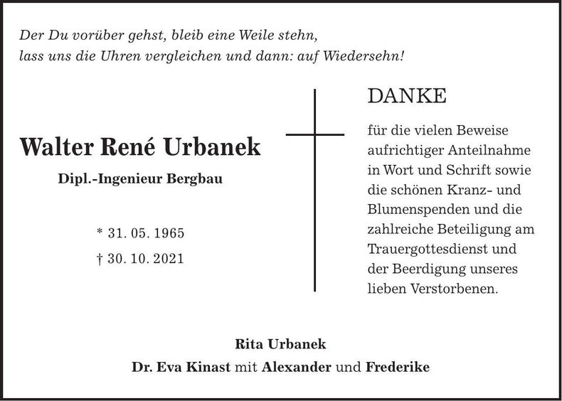 Traueranzeige Walter René Urbanek