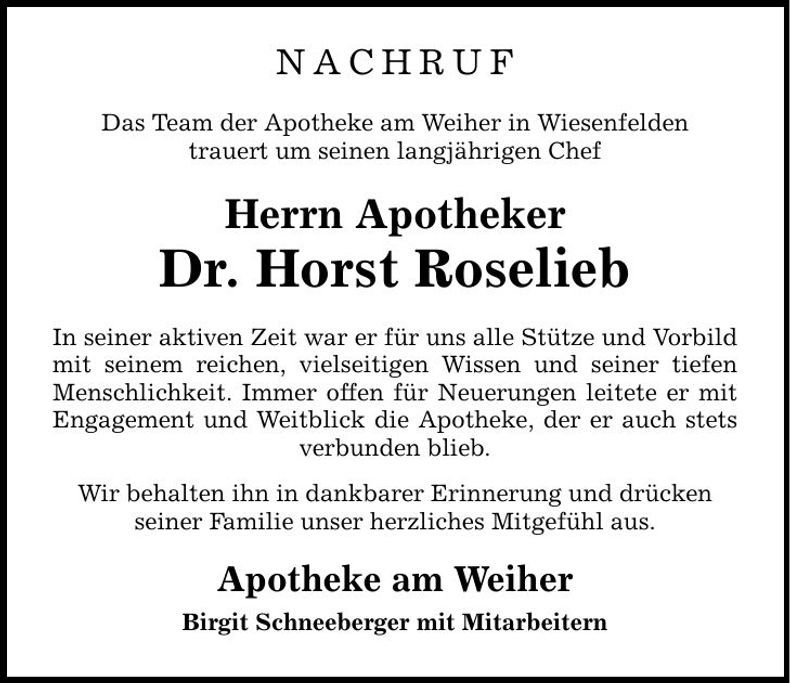 Traueranzeige Dr. Horst Roselieb