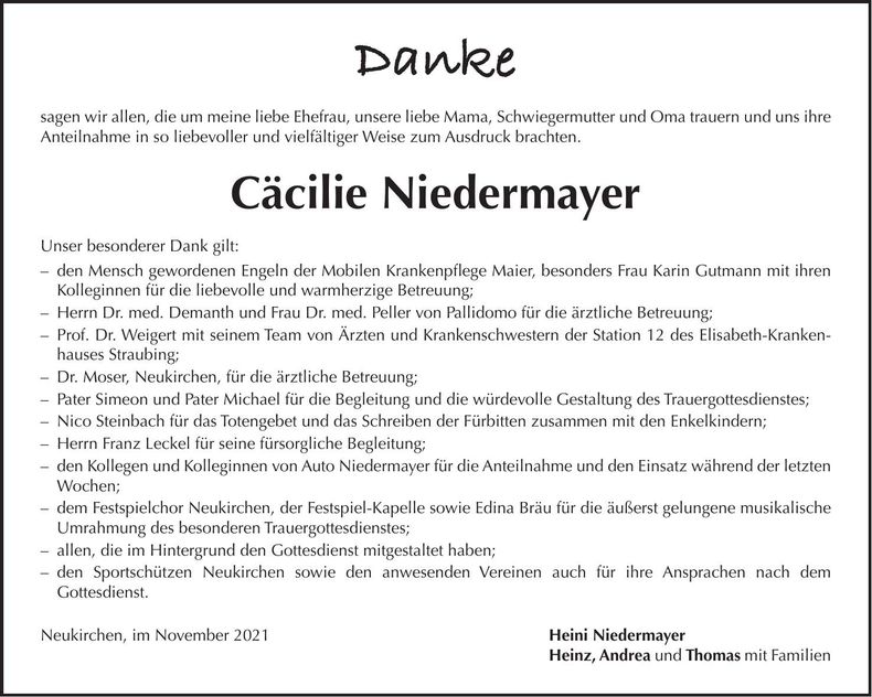 Traueranzeige Cäcilie Niedermayer