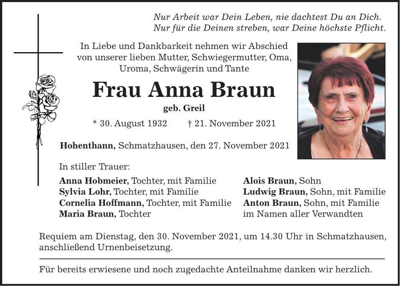Traueranzeige Anna Braun