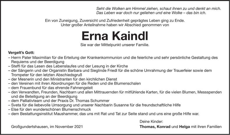 Traueranzeige Erna Kaindl
