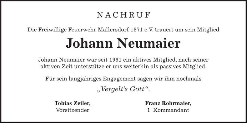 Traueranzeige Johann Neumaier