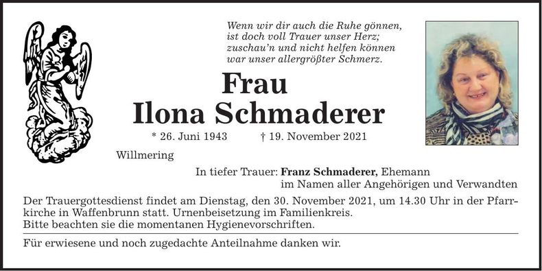 Traueranzeige Ilona Schmaderer