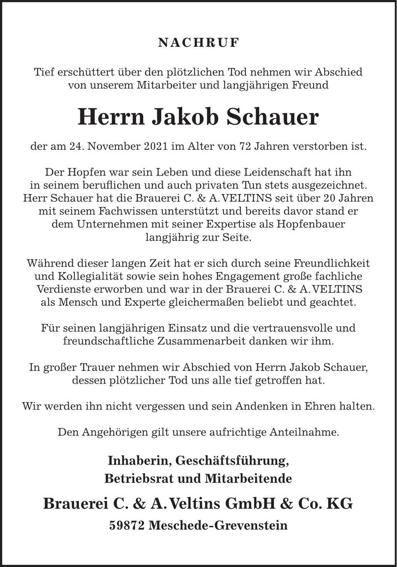 Traueranzeige Jakob Schauer