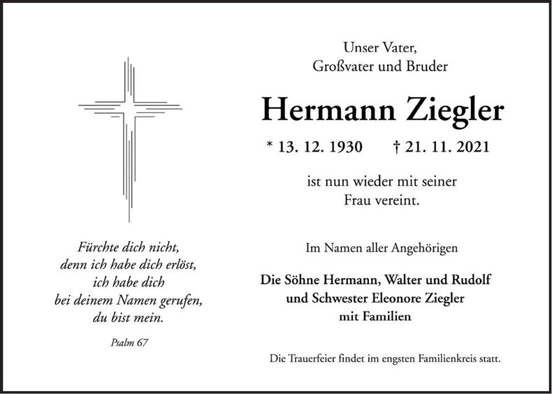 Traueranzeige Hermann Ziegler
