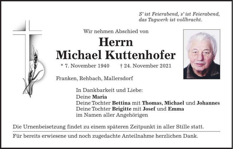 Traueranzeige Michael Kuttenhofer
