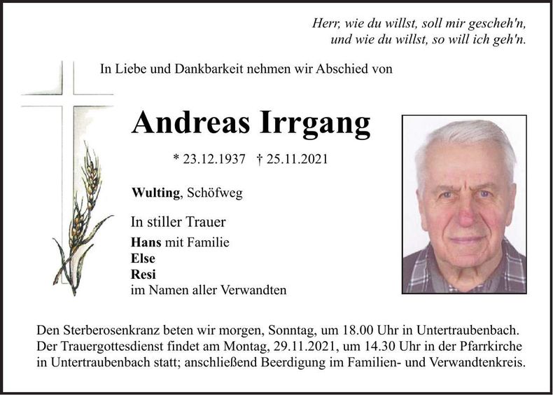 Traueranzeige Andreas Irrgang