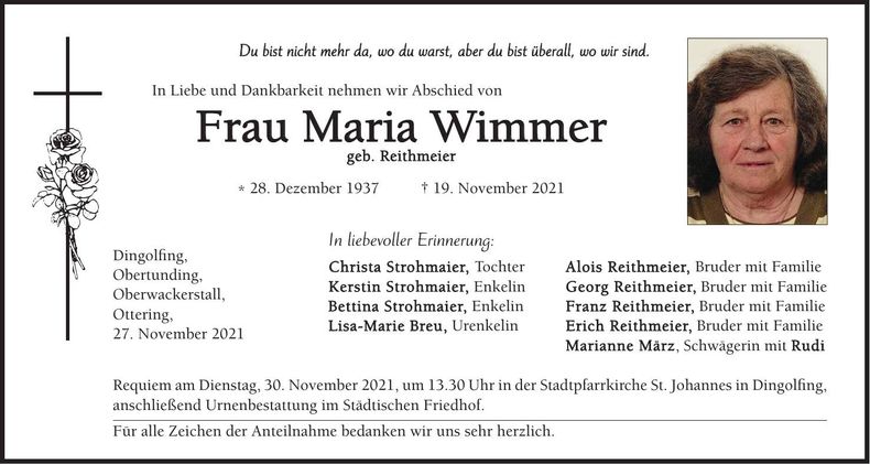 Traueranzeige Maria Wimmer