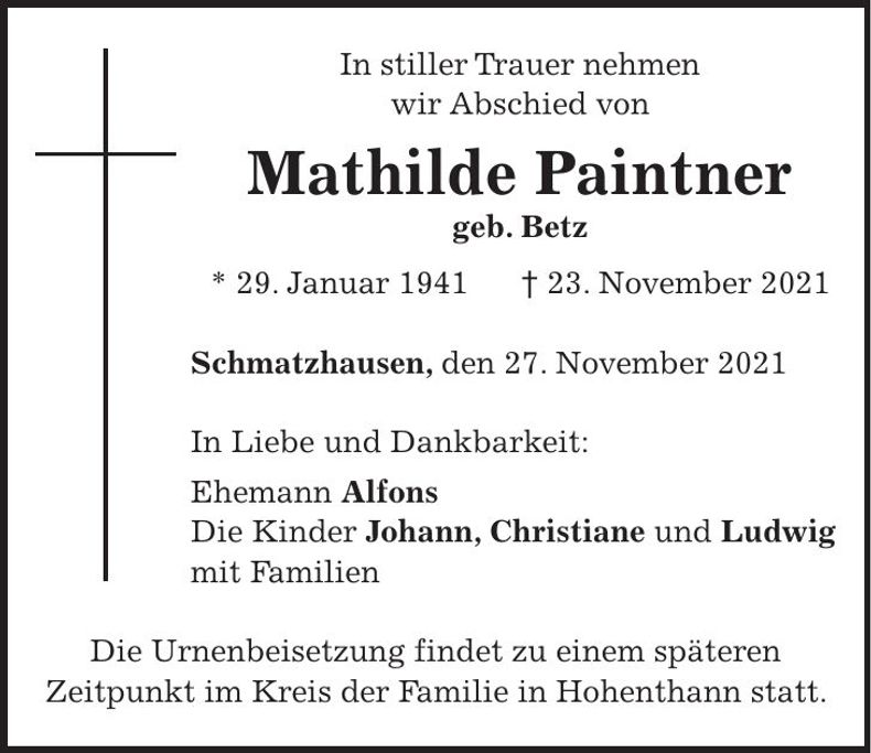 Traueranzeige Mathilde Paintner