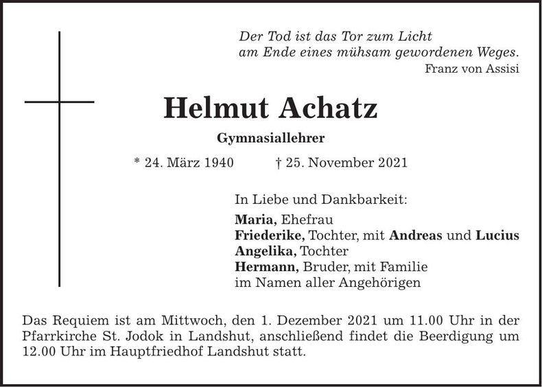 Traueranzeige Helmut Achatz