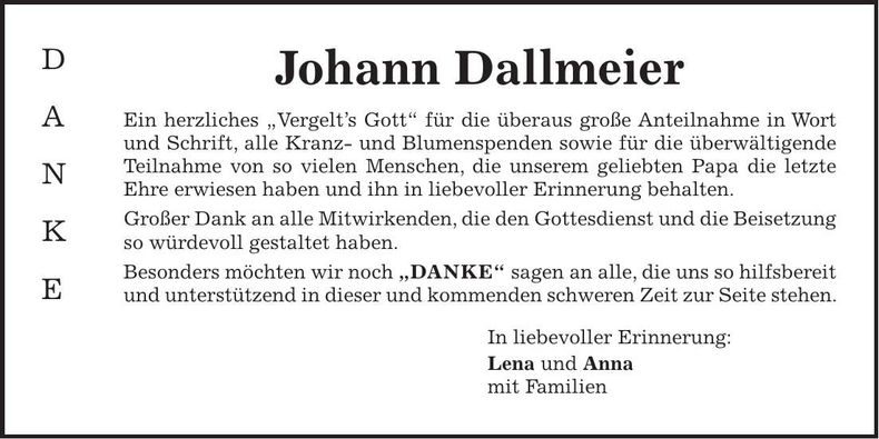 Traueranzeige Johann Dallmeier