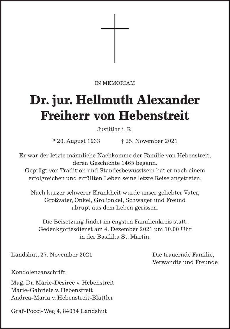 Traueranzeige Hellmuth Alexander von Hebenstreit
