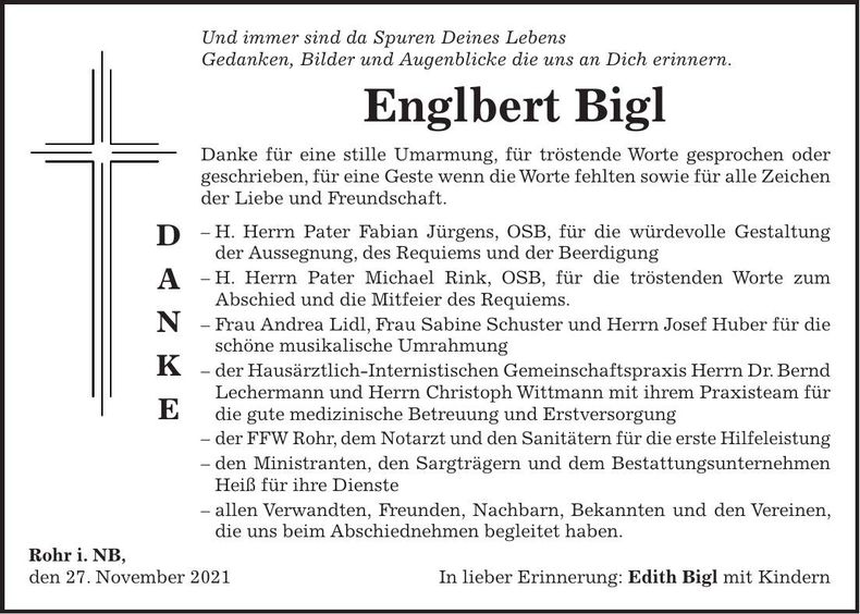 Traueranzeige Englbert Bigl