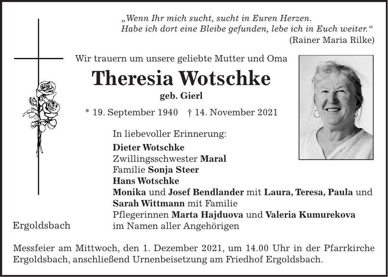 Traueranzeige Theresia Wotschke