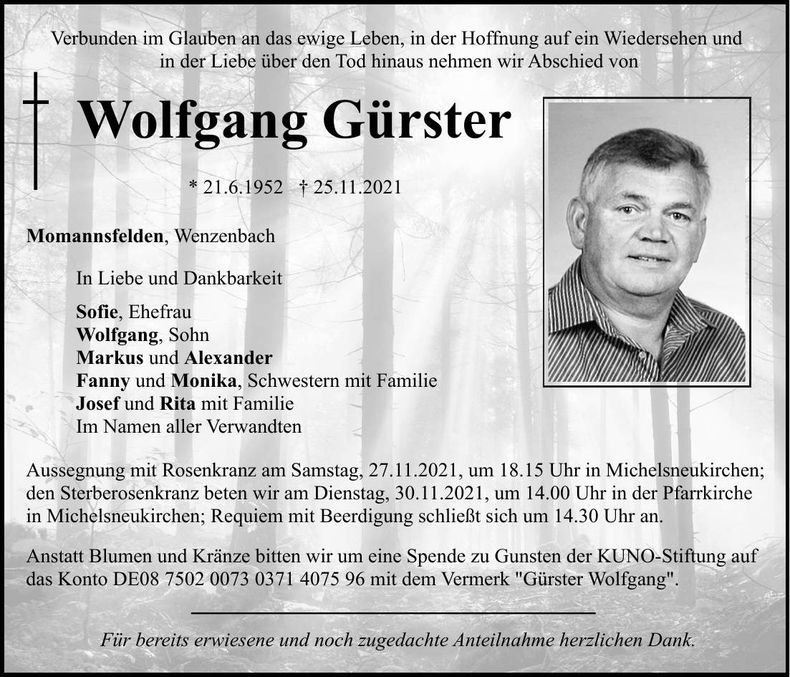 Traueranzeige Wolfgang Gürster