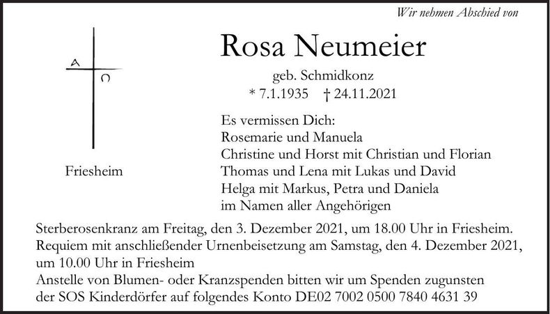 Traueranzeige Rosa Neumeier