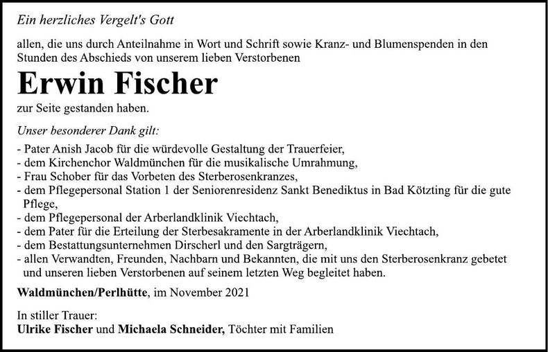 Traueranzeige Erwin Fischer