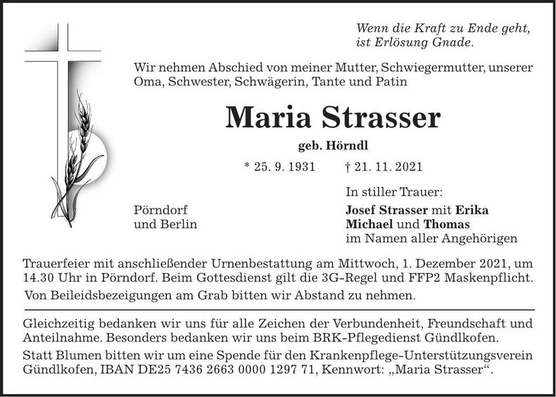Traueranzeige Maria Strasser