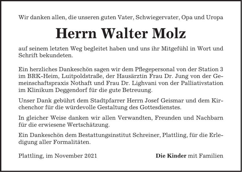 Traueranzeige Walter Molz