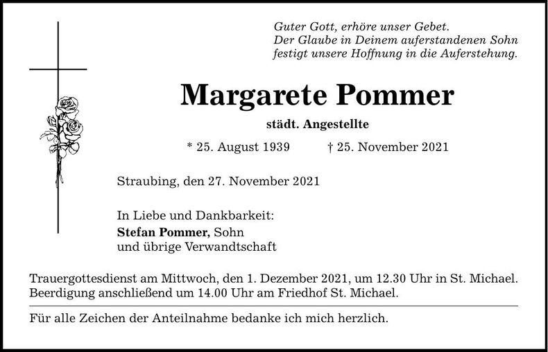 Traueranzeige Margarete Pommer